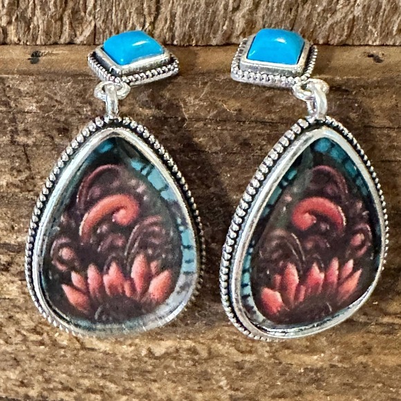 Vintage Droplet Shape Sunflower Print Dangle Earrings, Boho Western Style, Gift - Picture 3 of 10